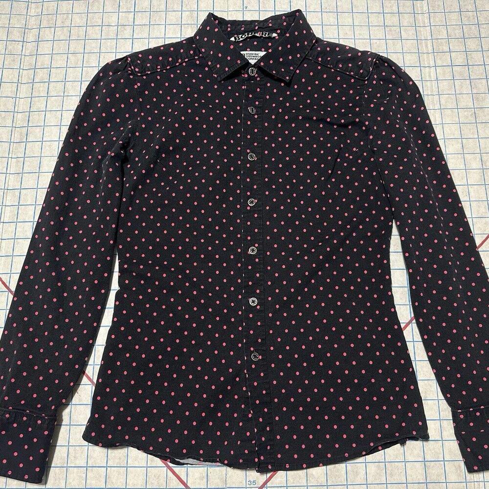 Bonfire Snowboarding Womens Large Shirt Button Front Ruffle Steez Pink Polka Dot